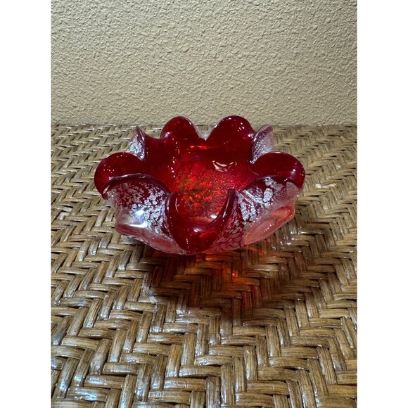 Vintage Murano Art Glass Bowl Folded Edge Silver Fleck Red MCM Dish 60s - Picture 2 of 9